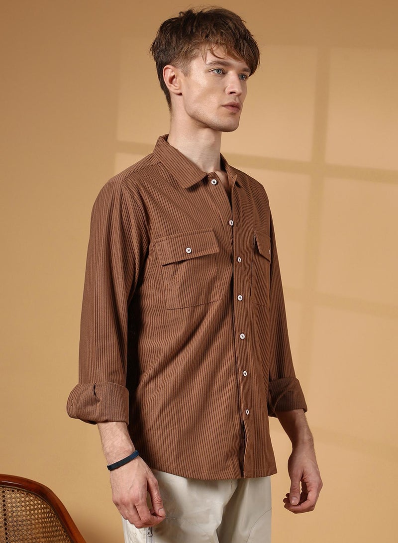 Campus Sutra Men's Tawny Brown Solid Ribbed Utility Shirt  - Image 3