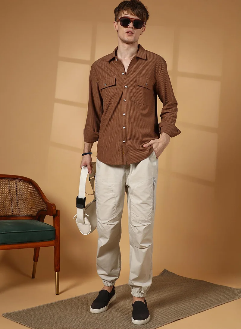 Campus Sutra Men's Tawny Brown Solid Ribbed Utility Shirt