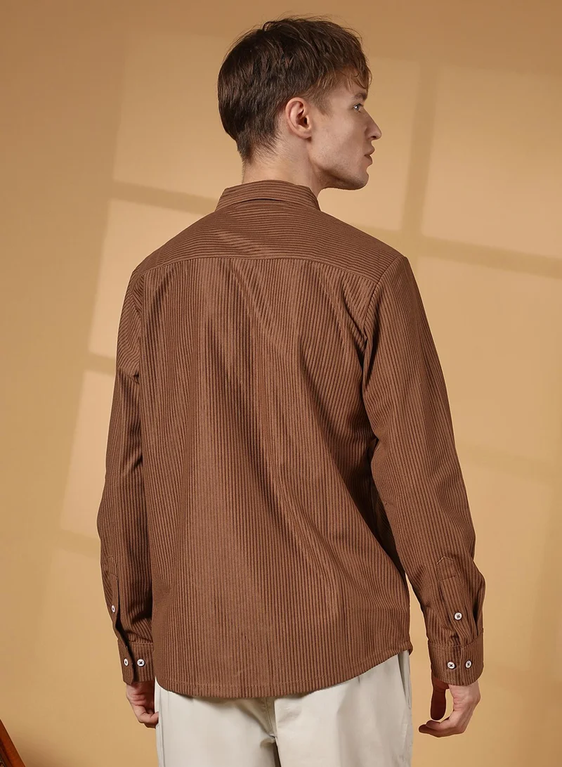 Campus Sutra Men's Tawny Brown Solid Ribbed Utility Shirt