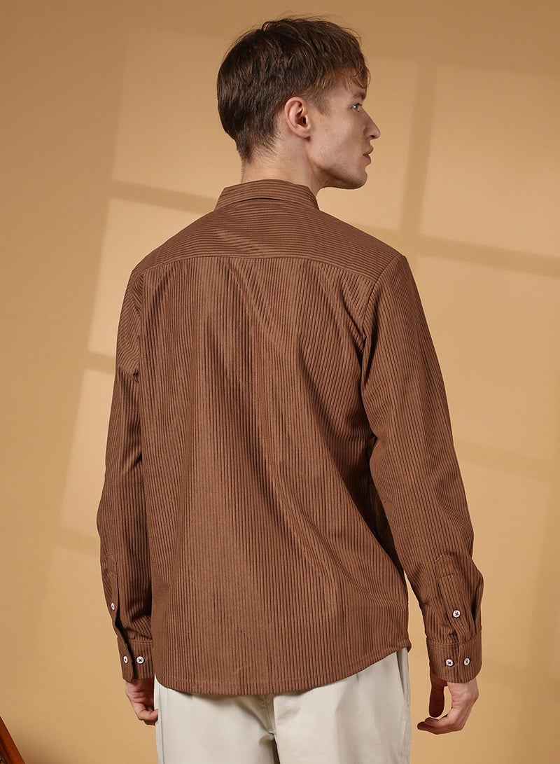 Campus Sutra Men's Tawny Brown Solid Ribbed Utility Shirt  - Image 5