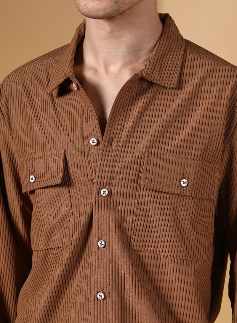 Campus Sutra Men's Tawny Brown Solid Ribbed Utility Shirt