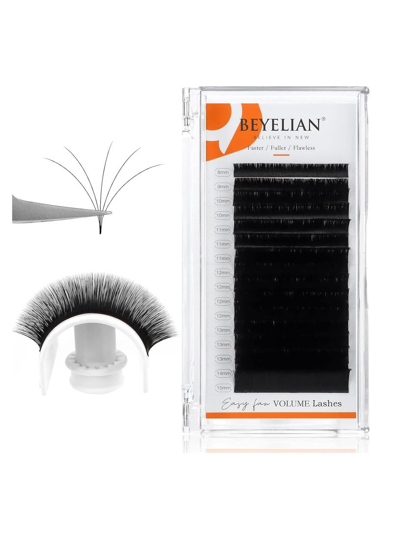 BEYELIAN BEYELIAN Easy Fan Eyelash Extensions 0.03 Mega Volume Super Thin Lightweight Self Fans Lash Extension Matte Black Professional Salon Stylists Use D+ Curl 8-15mm Mix Tray 