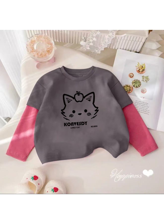 Girls' Long-sleeve T-shirt, Autumn Pure Cotton Round Neck, Faux Two-piece Cartoon Stylish Little Girl Base Shirt, Children's Trendy Top