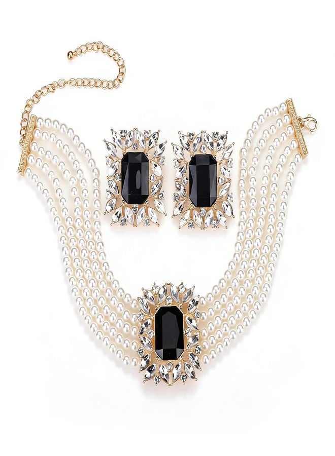 Missgrace Vintage Boho 1920s Faux Pearl Necklace Earring Set Bride Faux Pearl Rhinestone Necklace Earring for Prom Bar Party Wedding (Black) - Image 2