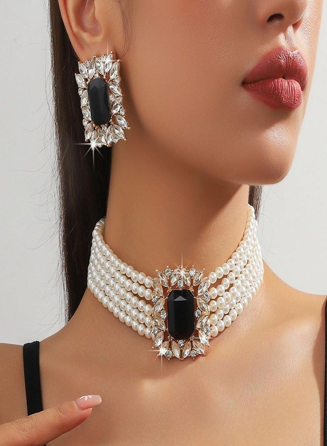 Missgrace Vintage Boho 1920s Faux Pearl Necklace Earring Set Bride Faux Pearl Rhinestone Necklace Earring for Prom Bar Party Wedding (Black) - Image 3