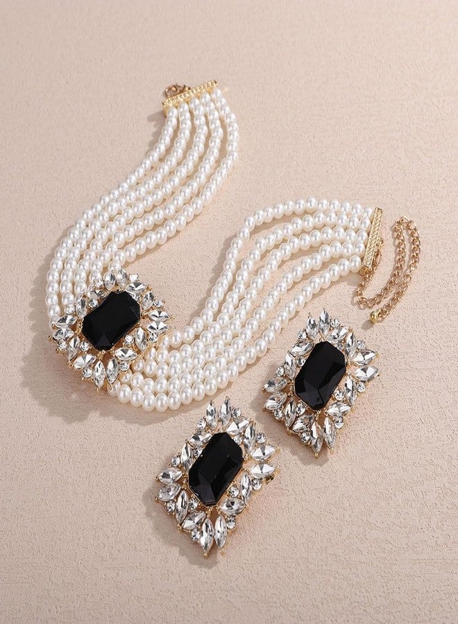 Missgrace Vintage Boho 1920s Faux Pearl Necklace Earring Set Bride Faux Pearl Rhinestone Necklace Earring for Prom Bar Party Wedding (Black) - Image 5