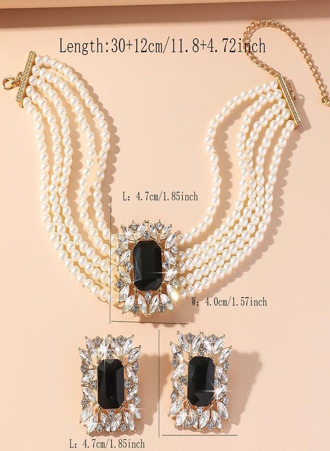 Missgrace Vintage Boho 1920s Faux Pearl Necklace Earring Set Bride Faux Pearl Rhinestone Necklace Earring for Prom Bar Party Wedding (Black) - Image 4