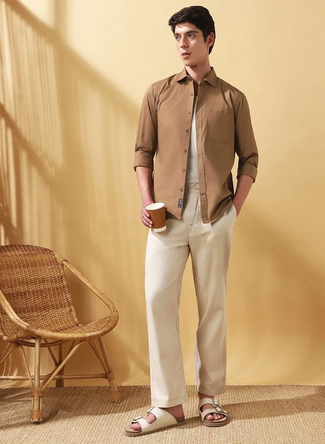 دينيس لينغو قميص رجالي بوبلين بني سادة بأزرار بقصة عادية