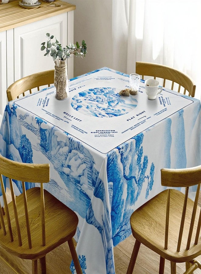 PRRPRR American Mahjong Table Cloth, Polyester Mahjong Mat for Table, Blue Mahjong Table Mat with Instructional Rules, Reusable Mahjong Table Cover for Game Night Party Supplies（Blue Trees-55 x55） - Image 1