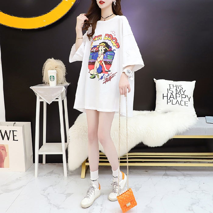 S98# [6535 official figure] Korean version of long cute cartoon printed backless bow round neck short sleeve T-shirt White 