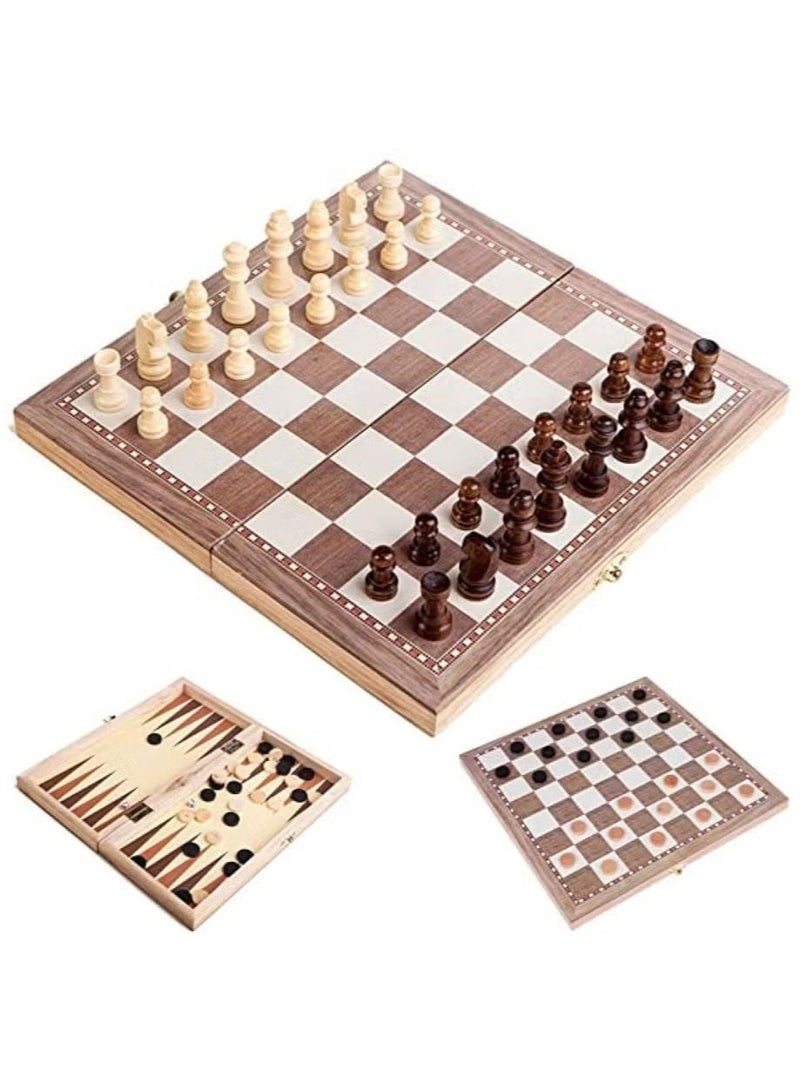 Generic 3-in-1 Wooden Folding Chess Checkers Backgammon Board Game Set with Storage - Image 1