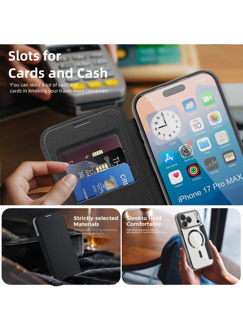 Abania iPhone 17 Pro Max Case MagSafe Compatible, RFID Blocking PU Leather Wallet Flip Cover with 2 Card Slots, Crystal Clear Transparent Back, Shockproof Drop Protection Phone Case for Apple iPhone 17 Pro Max, Black - Image 2