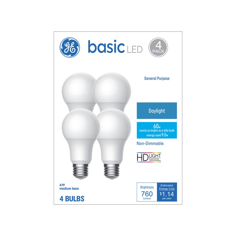 GE Basic LED Light Bulbs, 60 Watt, Daylight, A19 (4 Pack) - Image 1