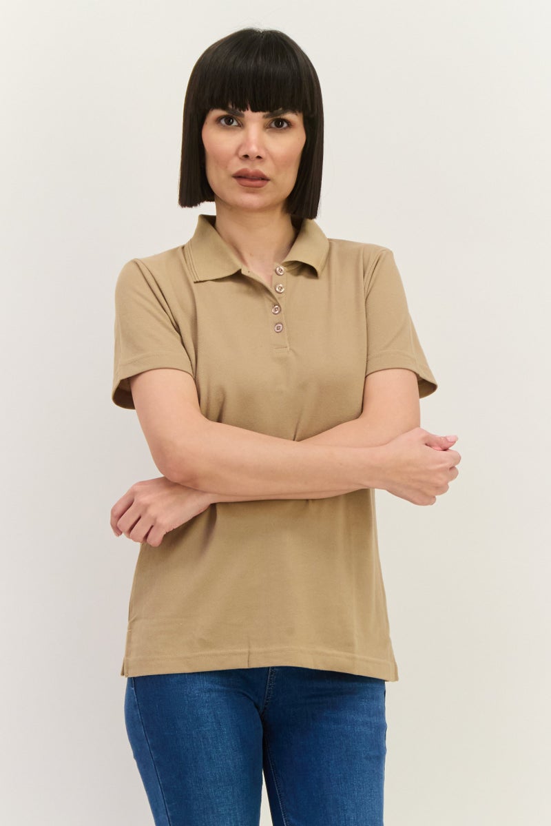 Featherlite Women Spread Collar Short Sleeves Plain Polo Shirt, Light Tan  - Image 1