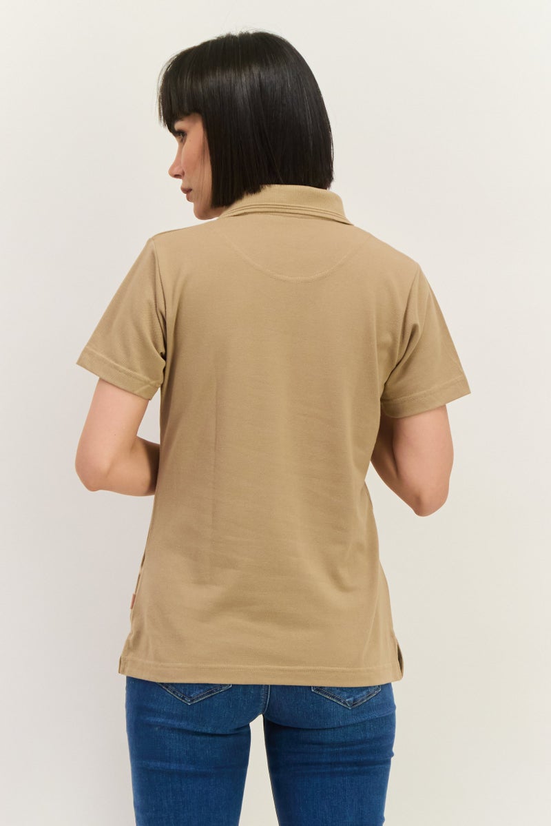 Featherlite Women Spread Collar Short Sleeves Plain Polo Shirt, Light Tan  - Image 3