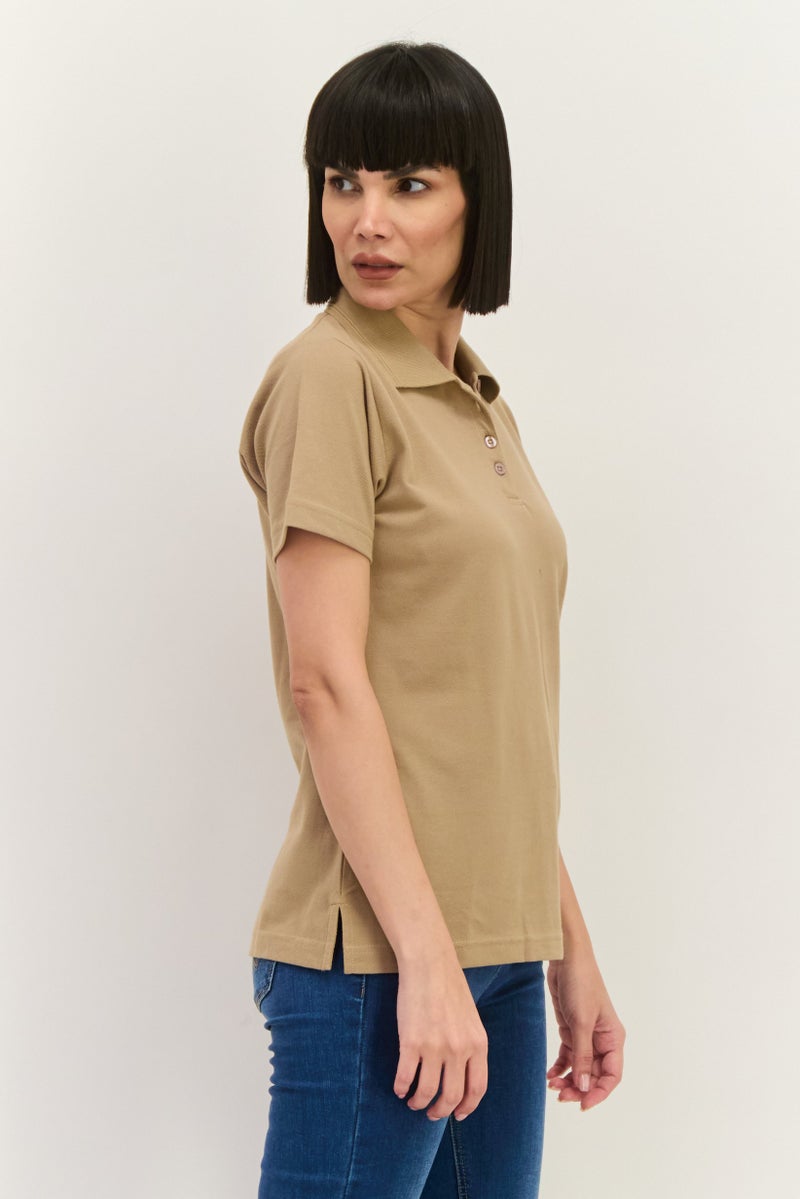 Featherlite Women Spread Collar Short Sleeves Plain Polo Shirt, Light Tan  - Image 2