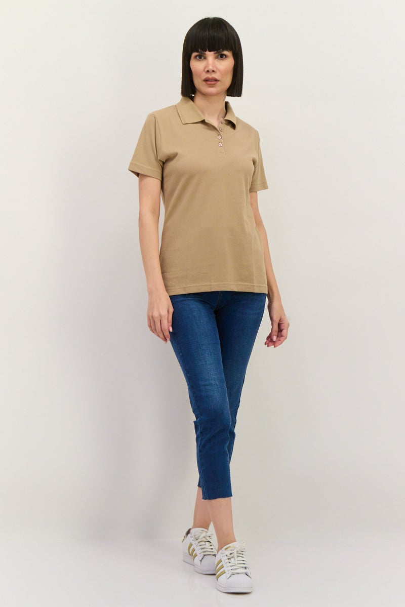 Featherlite Women Spread Collar Short Sleeves Plain Polo Shirt, Light Tan  - Image 4