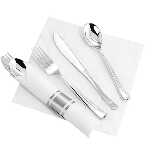Supernal 60 Pack Silver Plastic Silverware,Pre Rolled Silverware,Premium Disposable Silver Cutlery,Suit for Wedding,Catering Event,Birthday,Party - Image 3