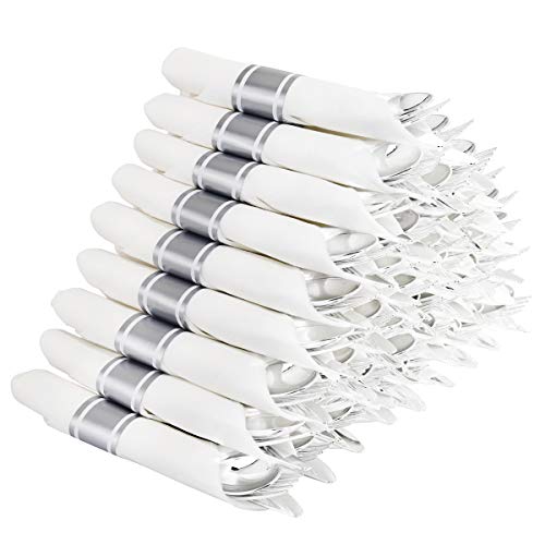 Supernal 60 Pack Silver Plastic Silverware,Pre Rolled Silverware,Premium Disposable Silver Cutlery,Suit for Wedding,Catering Event,Birthday,Party - Image 1