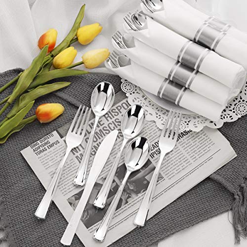 Supernal 60 Pack Silver Plastic Silverware,Pre Rolled Silverware,Premium Disposable Silver Cutlery,Suit for Wedding,Catering Event,Birthday,Party - Image 4