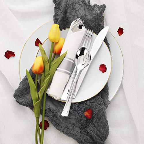 Supernal 60 Pack Silver Plastic Silverware,Pre Rolled Silverware,Premium Disposable Silver Cutlery,Suit for Wedding,Catering Event,Birthday,Party - Image 5
