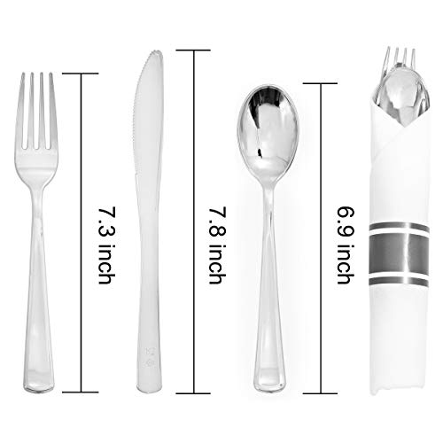 Supernal 60 Pack Silver Plastic Silverware,Pre Rolled Silverware,Premium Disposable Silver Cutlery,Suit for Wedding,Catering Event,Birthday,Party - Image 2