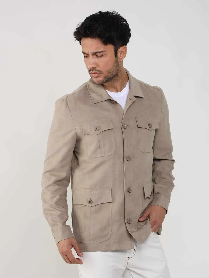 دوفي Beige Men's Regular Fit Plain Classic Collar Suede Coat - 104736