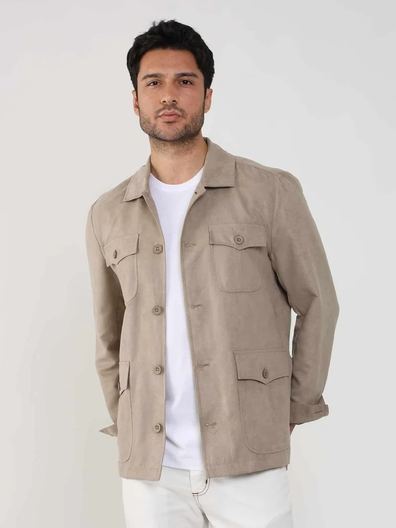 دوفي Beige Men's Regular Fit Plain Classic Collar Suede Coat - 104736
