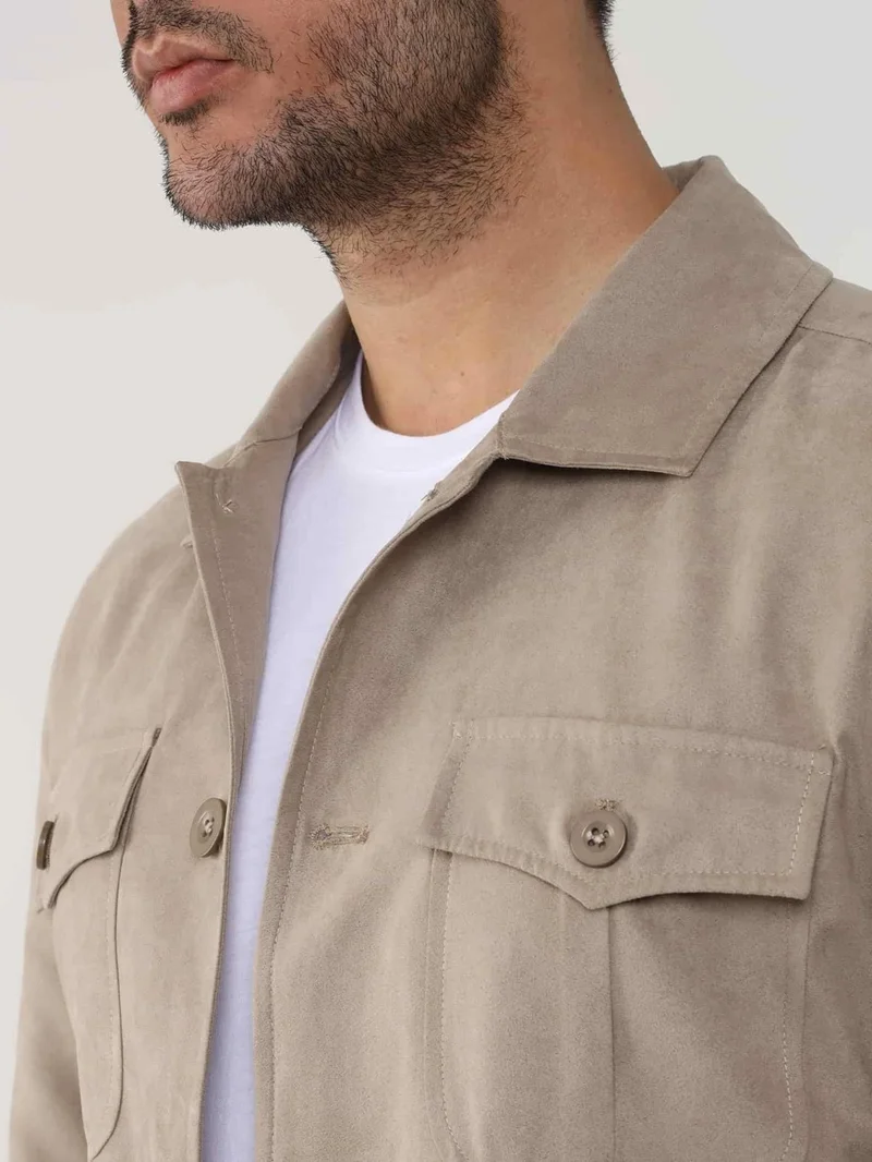 دوفي Beige Men's Regular Fit Plain Classic Collar Suede Coat - 104736