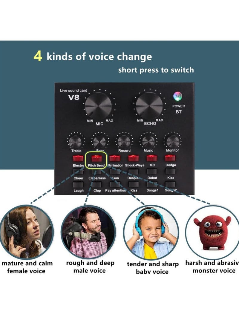V8 Live Sound Card for Live Streaming, Voice Changer with 18 Kinds of Effects, Bluetooth Audio Mixer for Computer, Laptop, Phone Live Broadcast Voice Changing Card  - Image 2