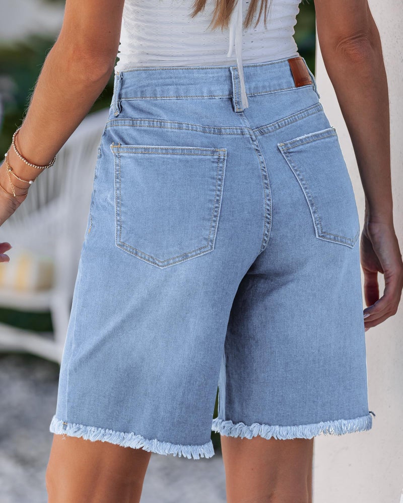 luvamia Womens Jean Shorts Trendy Bermuda Shorts for Women Mid Rise Raw Hem Knee Length Summer Casual Cut Off Jorts Women Powder Blue Size Medium Fits US 8-10 - Image 3
