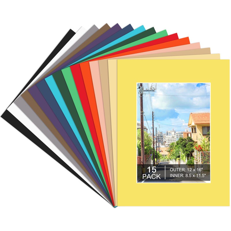 Prudiut 15 Pack 12x16 Picture Mats, Mixed Colors Frame Mattes for 9x12 Pictures Photo Frame Mat Core Bevel Cut Mat Board Show Kit for Photos, Prints, Artworks - Image 1