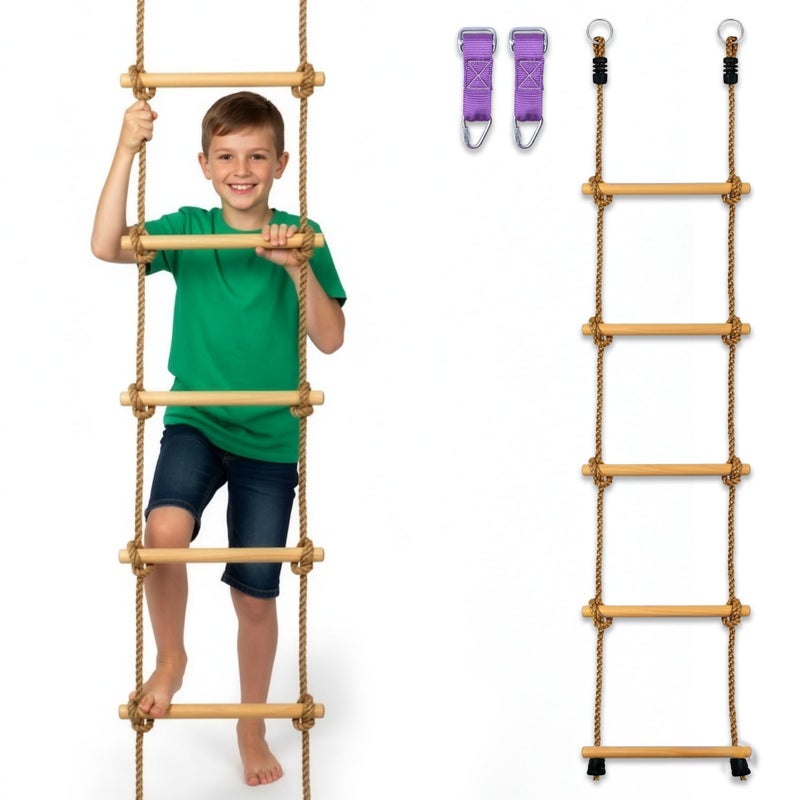 Trailblaze Wooden Rope Ladder for Kids  6ft Outdoor Climbing Ladder with Real Wood Rungs HeavyDuty Rope  2 Carabiners  Treehouse Swing Set Ninja Course  Playground Accessory - Image 2
