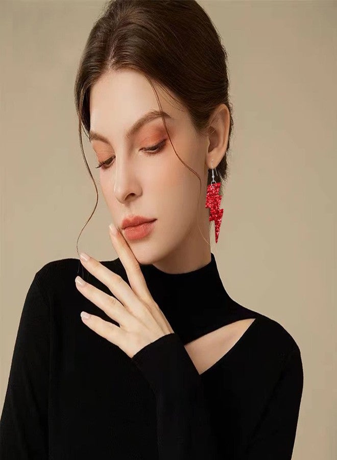 Anmpab PU Leather 80s Sequin Earrings Lightning Bolt Drop Earrings for Women Halloween Retro Earrings Light Weight (Red) - Image 2