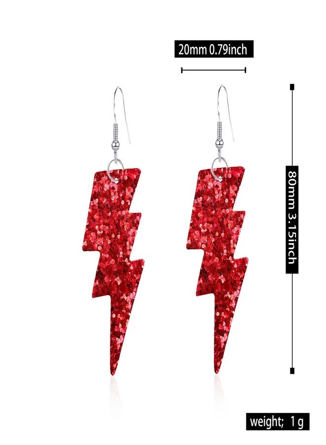 Anmpab PU Leather 80s Sequin Earrings Lightning Bolt Drop Earrings for Women Halloween Retro Earrings Light Weight (Red) - Image 4