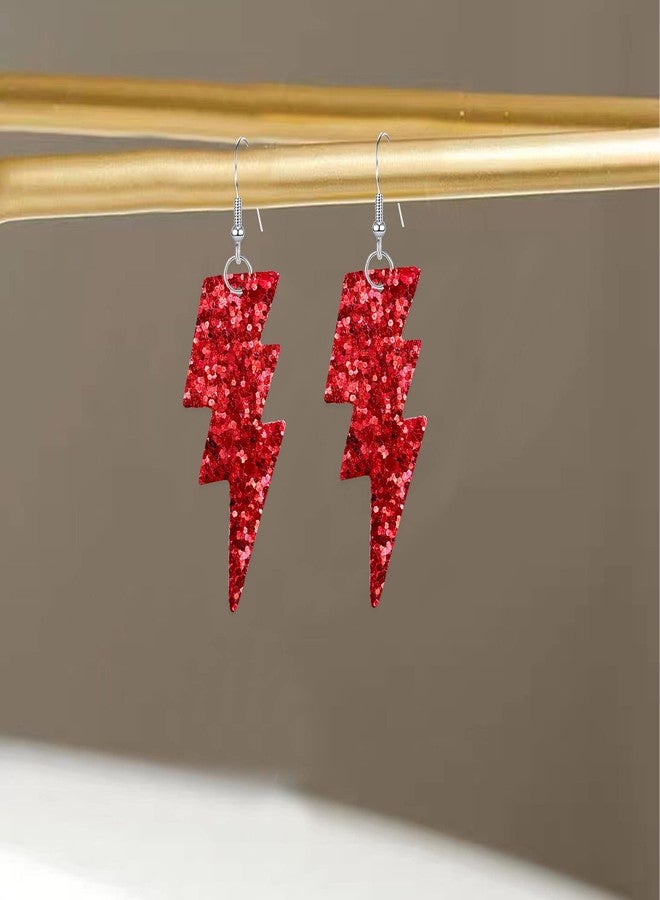 Anmpab PU Leather 80s Sequin Earrings Lightning Bolt Drop Earrings for Women Halloween Retro Earrings Light Weight (Red) - Image 5