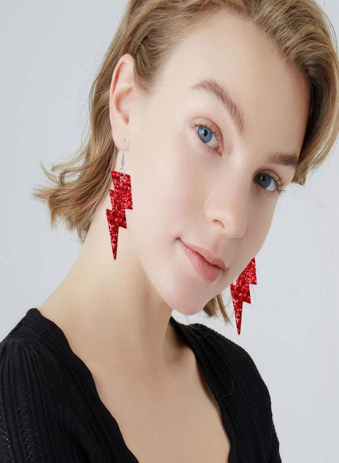 Anmpab PU Leather 80s Sequin Earrings Lightning Bolt Drop Earrings for Women Halloween Retro Earrings Light Weight (Red) - Image 3
