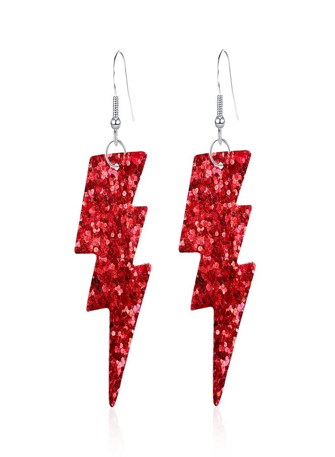 Anmpab PU Leather 80s Sequin Earrings Lightning Bolt Drop Earrings for Women Halloween Retro Earrings Light Weight (Red) - Image 1