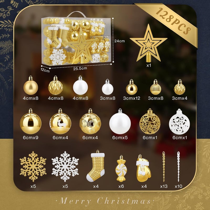 SOLEDI 128 Pcs Christmas Ball Ornament Set, Assorted Christmas Ornaments, Shatterproof Decorative Baubles for Xmas Tree Decor, Gift Package with Reusable Hand for Christmas Decorations, Gold - Image 2