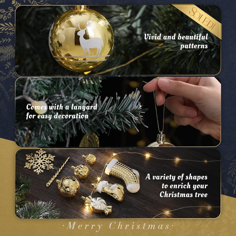 SOLEDI 128 Pcs Christmas Ball Ornament Set, Assorted Christmas Ornaments, Shatterproof Decorative Baubles for Xmas Tree Decor, Gift Package with Reusable Hand for Christmas Decorations, Gold - Image 3