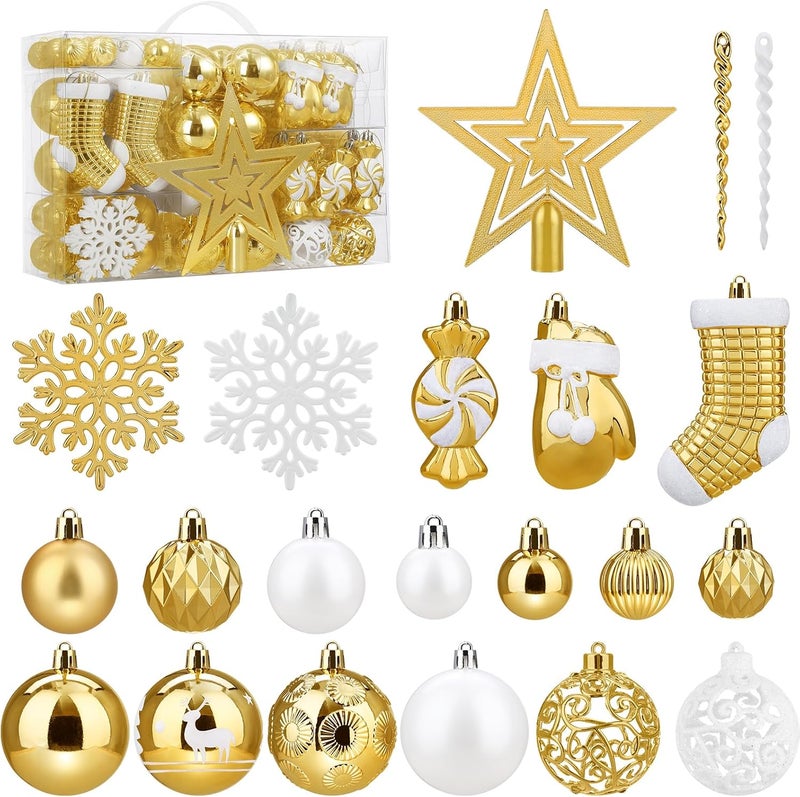 SOLEDI 128 Pcs Christmas Ball Ornament Set, Assorted Christmas Ornaments, Shatterproof Decorative Baubles for Xmas Tree Decor, Gift Package with Reusable Hand for Christmas Decorations, Gold - Image 1