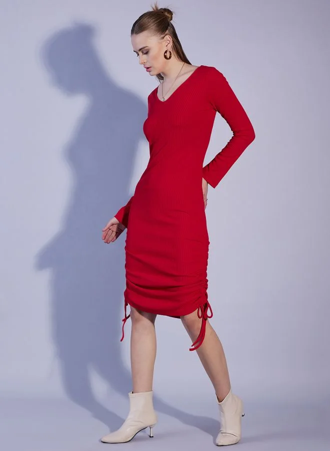 Freehand Women Fitted Casual Solid V-Neck Dress