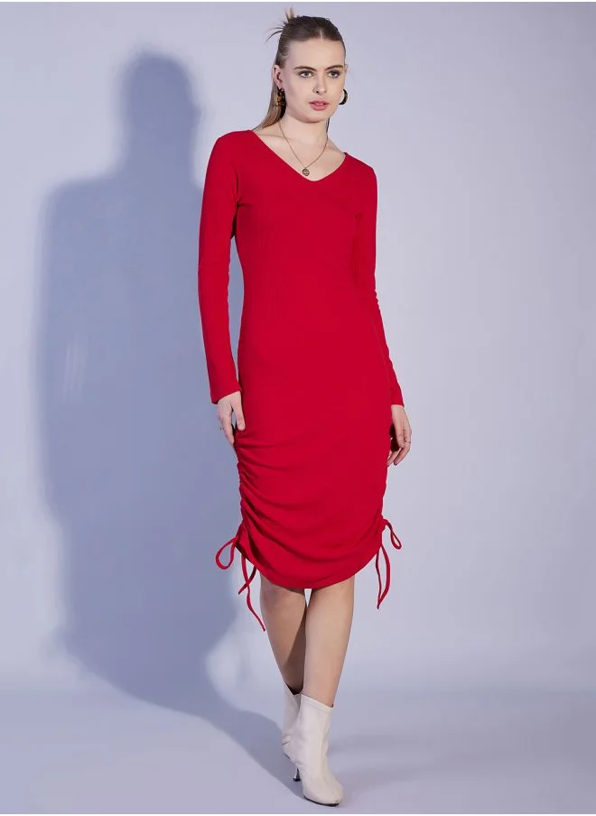 مرفوعة Women Fitted Casual Solid V-Neck Dress