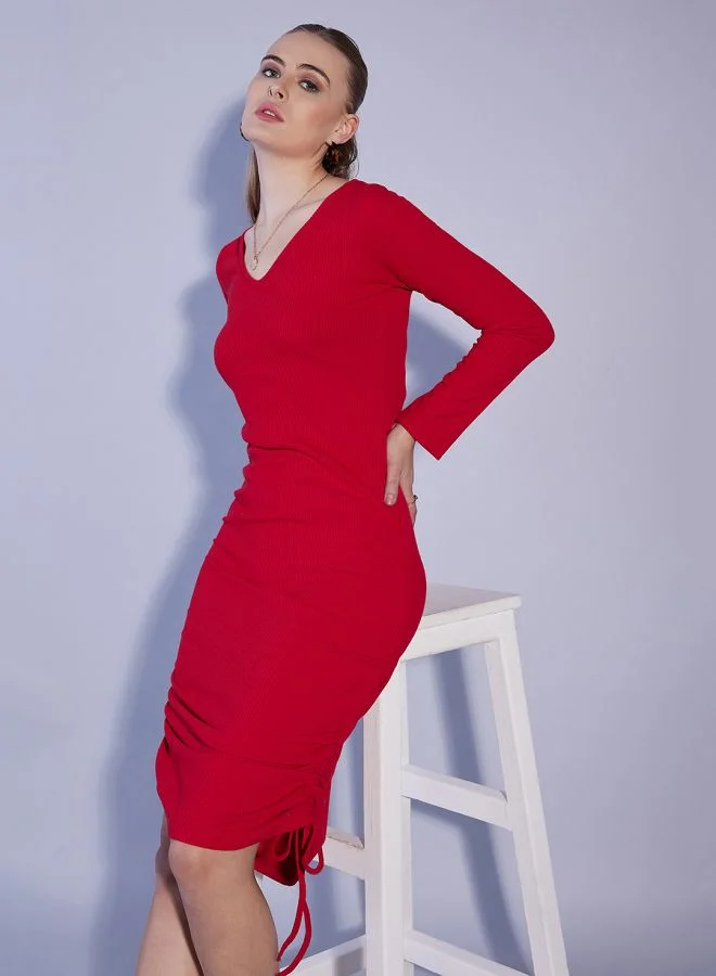 Freehand Women Fitted Casual Solid V-Neck Dress