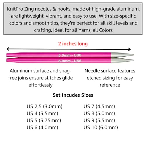 KnitPro Zing Mini Set 2 inch Circular Knitting Needles Size 25 4 5 6 7 8 9 10 Interchangeable 4 Cables 4 Caps 2 Keys Fabric Case with Project Bag - Image 3