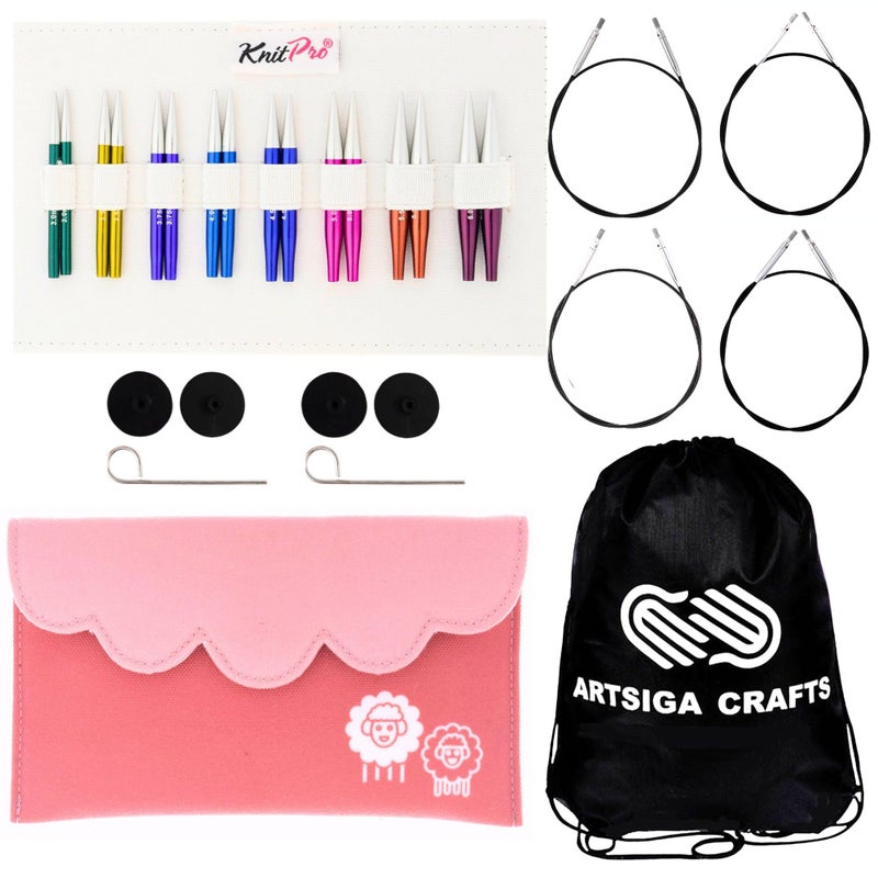 KnitPro Zing Mini Set 2 inch Circular Knitting Needles Size 25 4 5 6 7 8 9 10 Interchangeable 4 Cables 4 Caps 2 Keys Fabric Case with Project Bag - Image 2