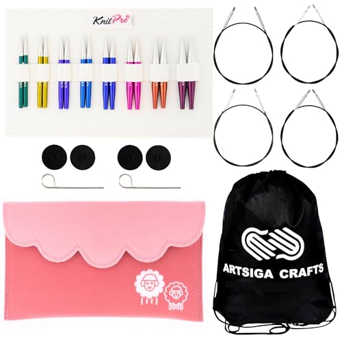 KnitPro Zing Mini Set 2 inch Circular Knitting Needles Size 25 4 5 6 7 8 9 10 Interchangeable 4 Cables 4 Caps 2 Keys Fabric Case with Project Bag - Image 1