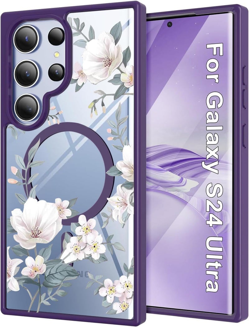 VONZEE Compatible with Samsung Galaxy S24 Ultra 5G Case Luxury Retro Flowers Floral Clear for Magnetic Wireless Charging Case Shockproof Case PC+TPU Cute Glossy Shiny Cover for Girls Women,Deep Purple - Image 1