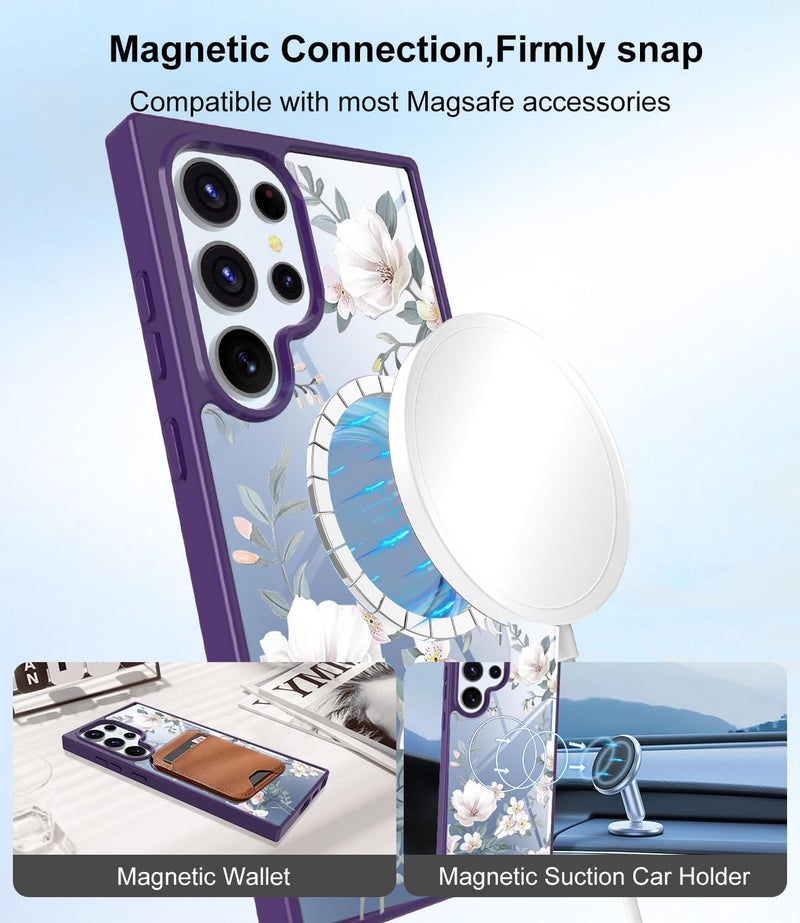 VONZEE Compatible with Samsung Galaxy S24 Ultra 5G Case Luxury Retro Flowers Floral Clear for Magnetic Wireless Charging Case Shockproof Case PC+TPU Cute Glossy Shiny Cover for Girls Women,Deep Purple - Image 4