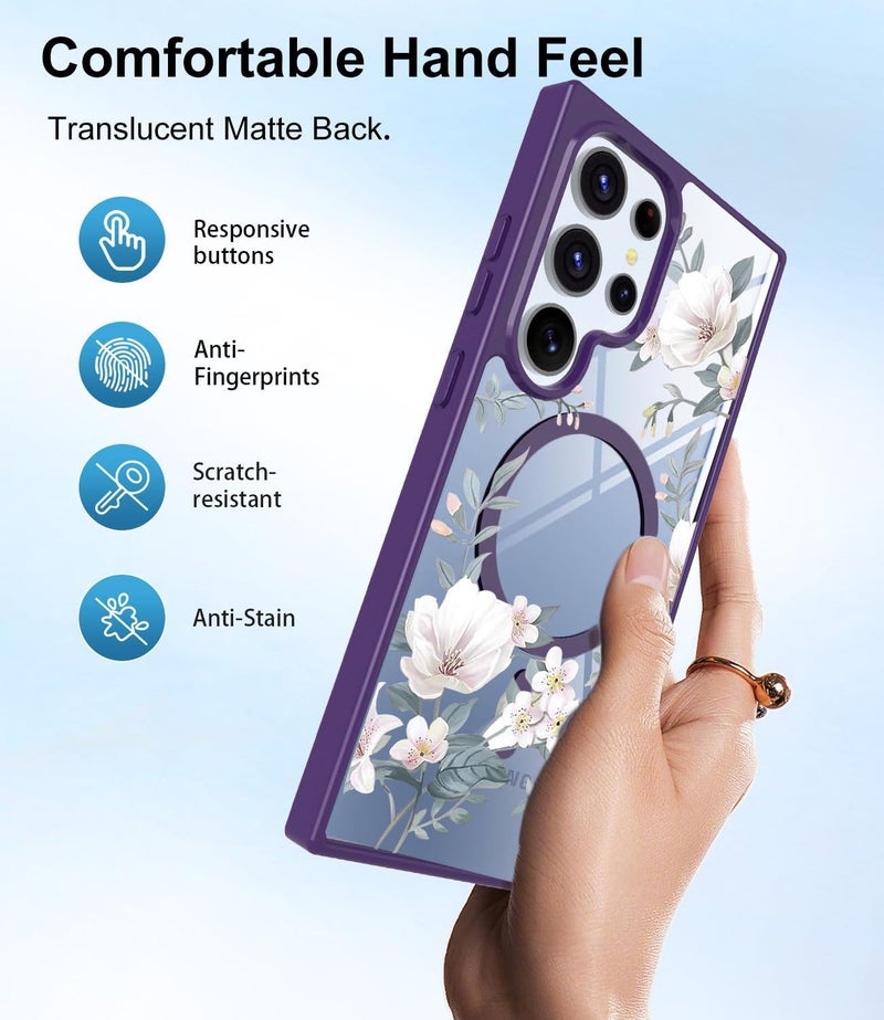 VONZEE Compatible with Samsung Galaxy S24 Ultra 5G Case Luxury Retro Flowers Floral Clear for Magnetic Wireless Charging Case Shockproof Case PC+TPU Cute Glossy Shiny Cover for Girls Women,Deep Purple - Image 3